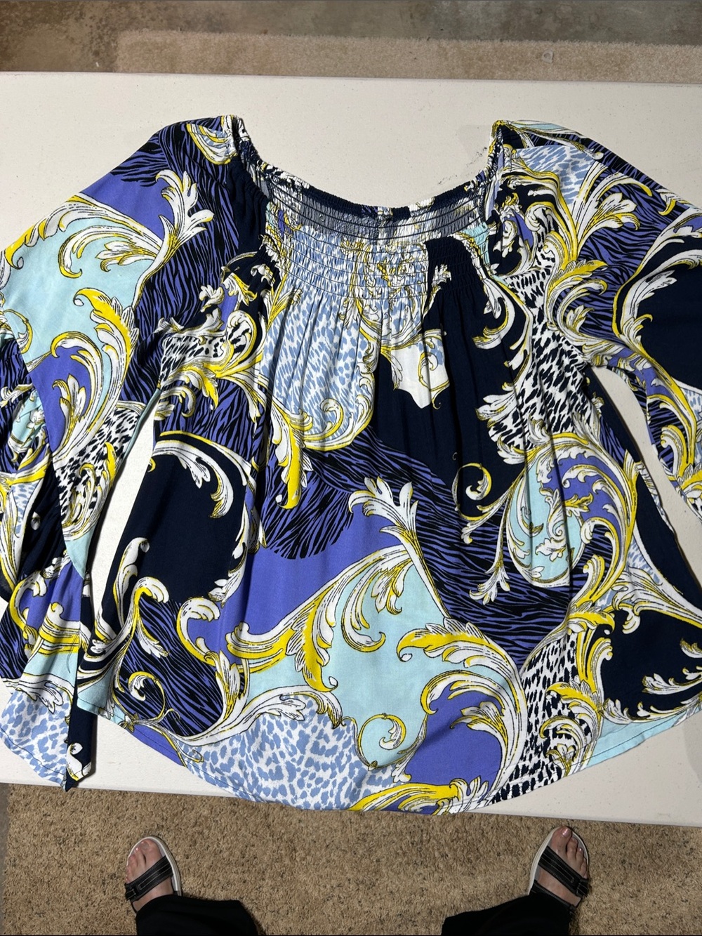 Women’s Navy & Yellow Printed Off-Shoulder Top